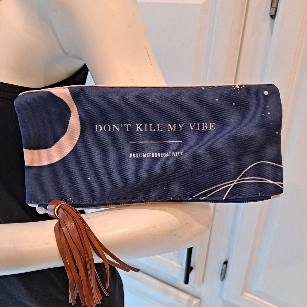 Smartass & Sass Navy Blue Canvas And Pink Vegan Leather Clutch with Brown Tassel